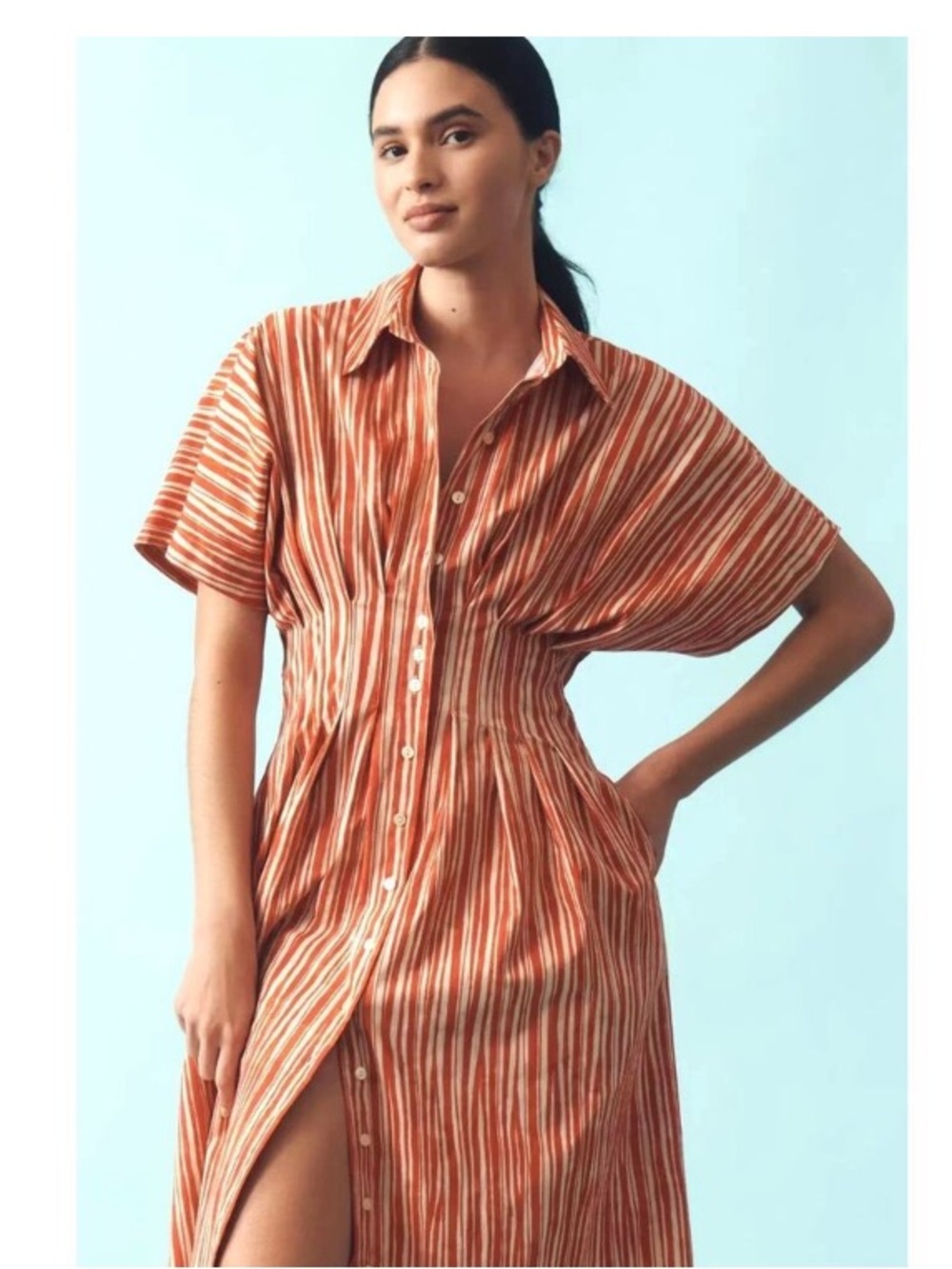Tobie Exquise Anthropologie Rust & Cream Striped Midi Shirt Dress hourglass